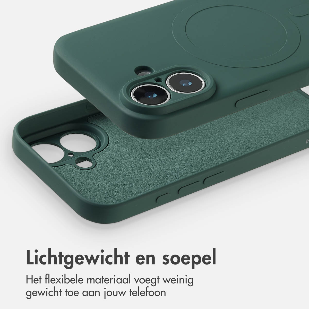 Groene telefoonhoes, met camera-uitsparingen, gedeeltelijk open, de binnenkant tonend. Tekst onderaan: Lichtgewicht en soepel.