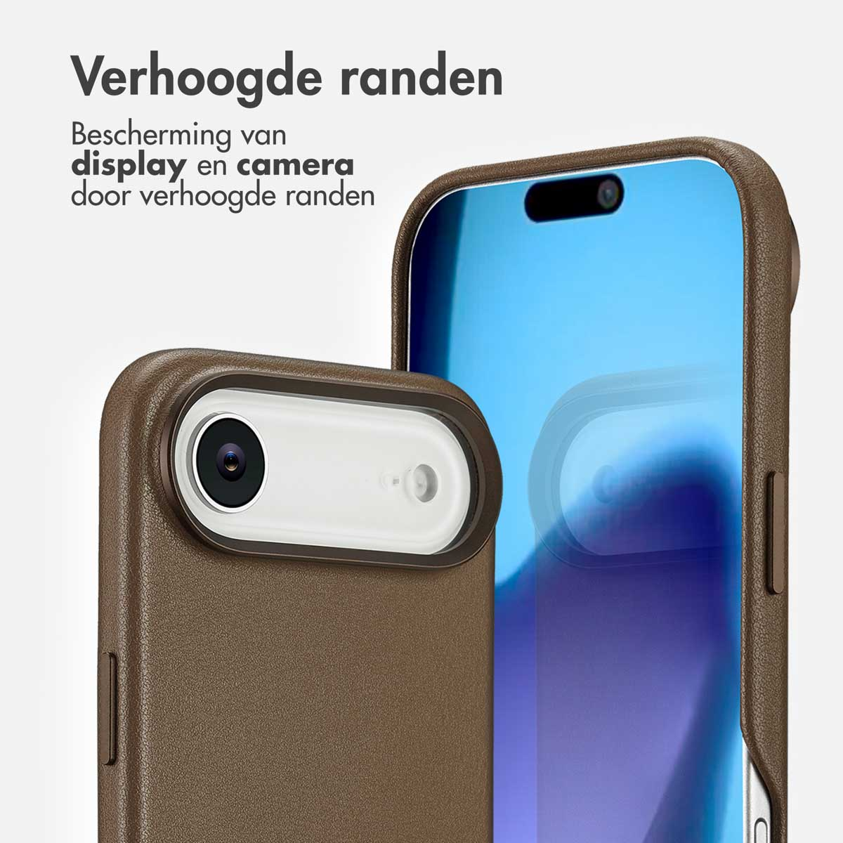 Een bruine telefoonhoes die het ontwerp laat zien. Het heeft verhoogde randen die het scherm en de camera van de telefoon beschermen.