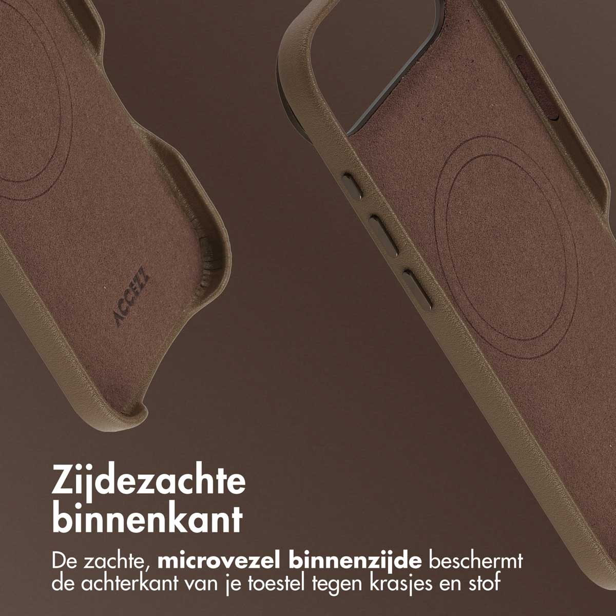 Close-up van twee bruine telefoonhoesjes. Eén toont het ACCEZZ-logo en het zachte interieur. Tekst: 'Zacht interieur' en beschrijving van de bescherming.