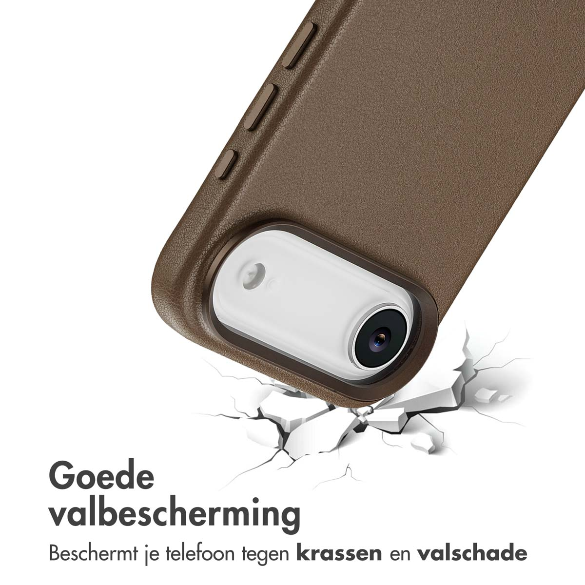 Een bruine telefoonhoes beschermt de camera en knoppen. Witte scheuren komen uit de telefoon en tonen bescherming.