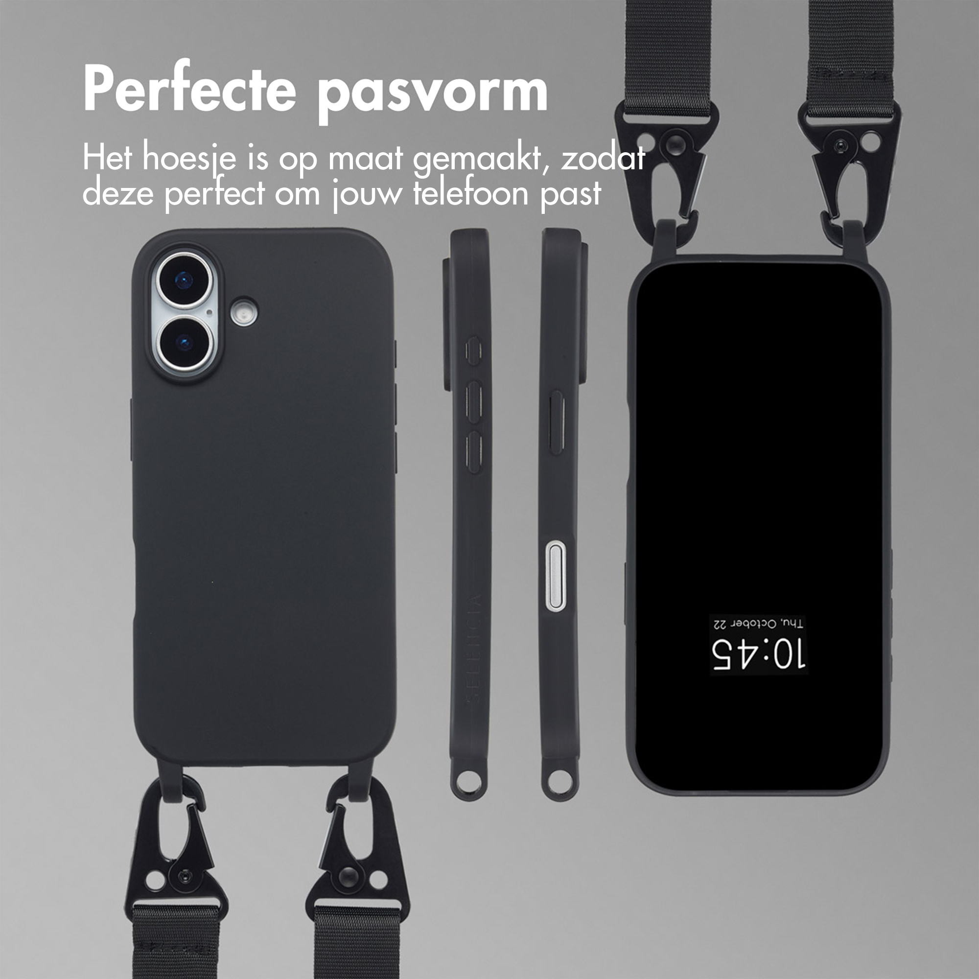 Coque de téléphone noire avec sangle et écran de téléphone affichant l'heure. Texte : Ajustement parfait.