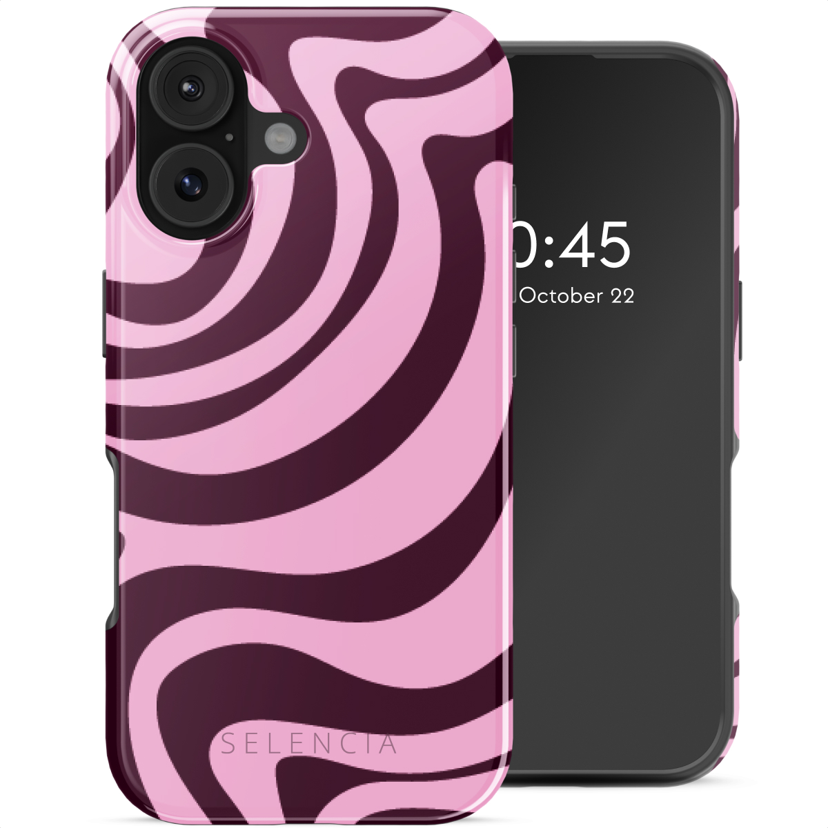 Een telefoon met een hoesje met een roze en donkerpaars wervelpatroon. Het scherm toont de tijd en datum.