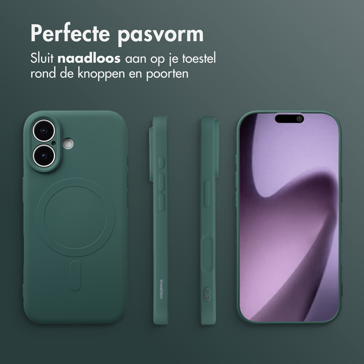Een iPhone en de hoes in verschillende weergaven, die een perfecte pasvorm laten zien. De hoes is donkergroen, het scherm is rechts zichtbaar.