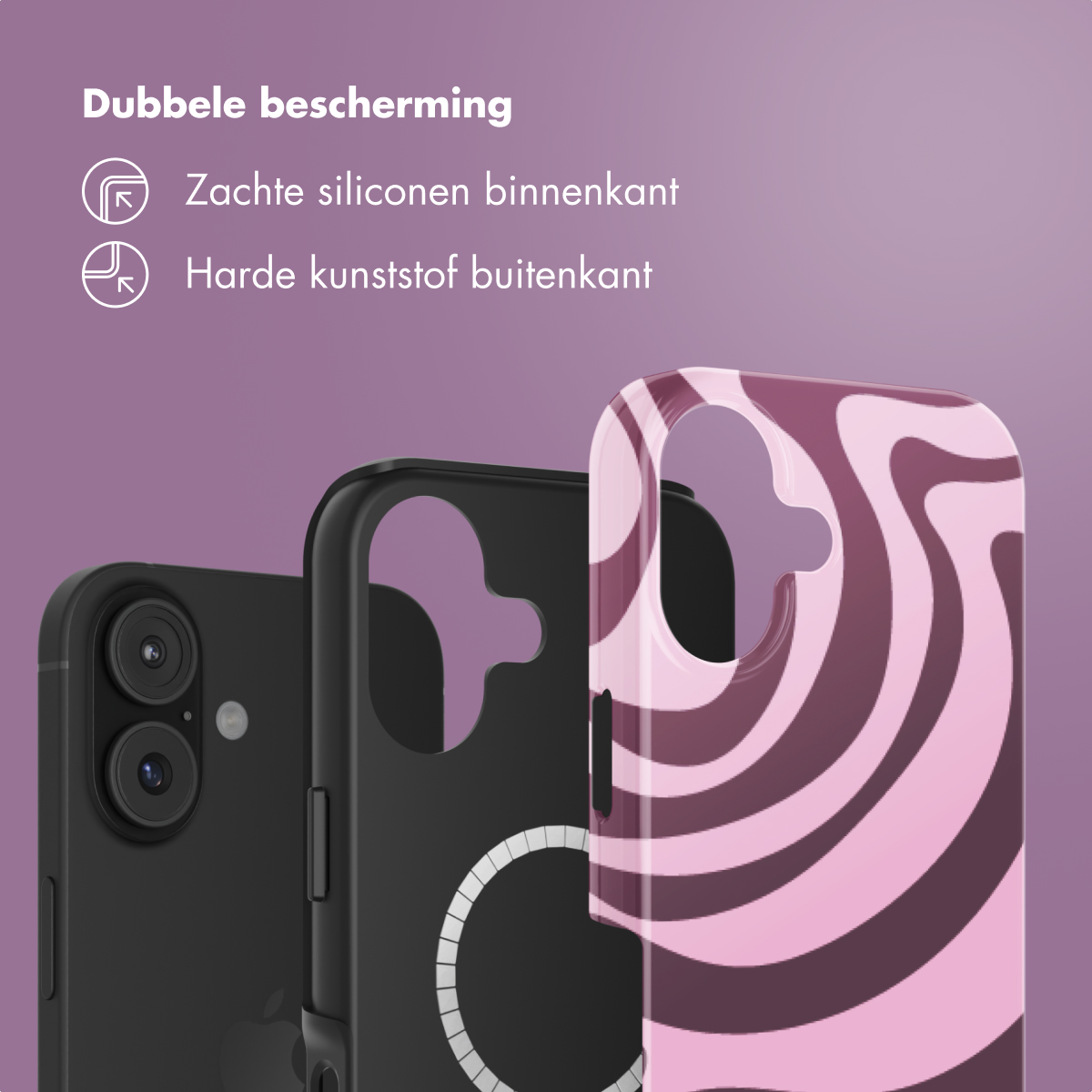Drie telefoonhoesjes: zwart, zwart met witte cirkel en roze golfdesign. Tekst: Dubbele bescherming, zachte siliconen binnenkant, hard plastic buitenkant.