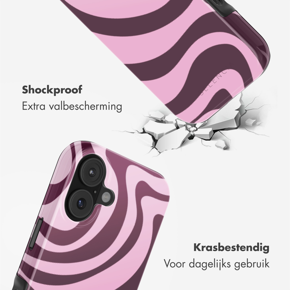 Twee telefoonhoesjes met een roze en paars golfpatroon. Eén lijkt te vallen, met scheuren eronder. Tekst: 'Schokbestendig' en 'Krasbestendig'.