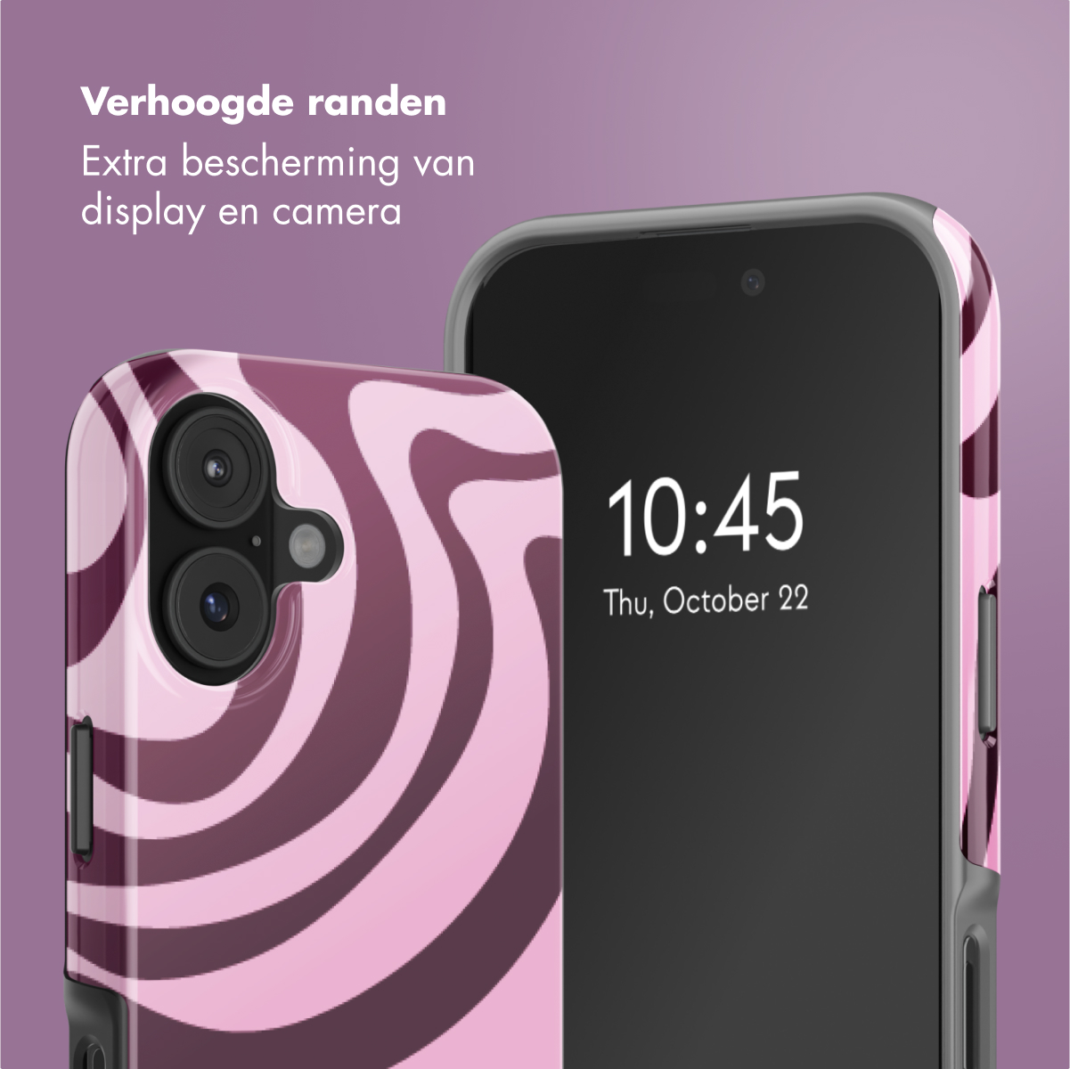 Twee smartphones met patroonhoesjes. Eén toont de tijd 10:45. De hoesjes zijn roze met wervelende donkerroze patronen.