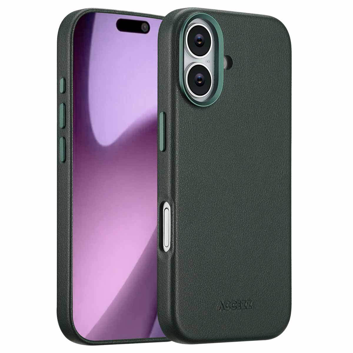 Deux coques de téléphone vert foncé, une avec un téléphone à l'intérieur. L'écran du téléphone est violet. Les coques ont des boutons et des trous pour la caméra.