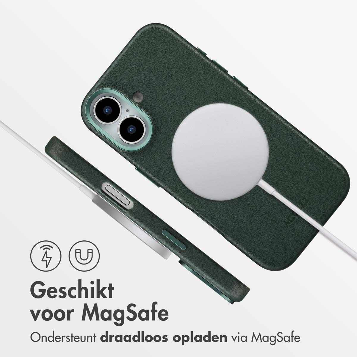 Coque de téléphone verte avec chargeur MagSafe, câble blanc. Texte : Compatible MagSafe, prend en charge la charge sans fil. Deux icônes.