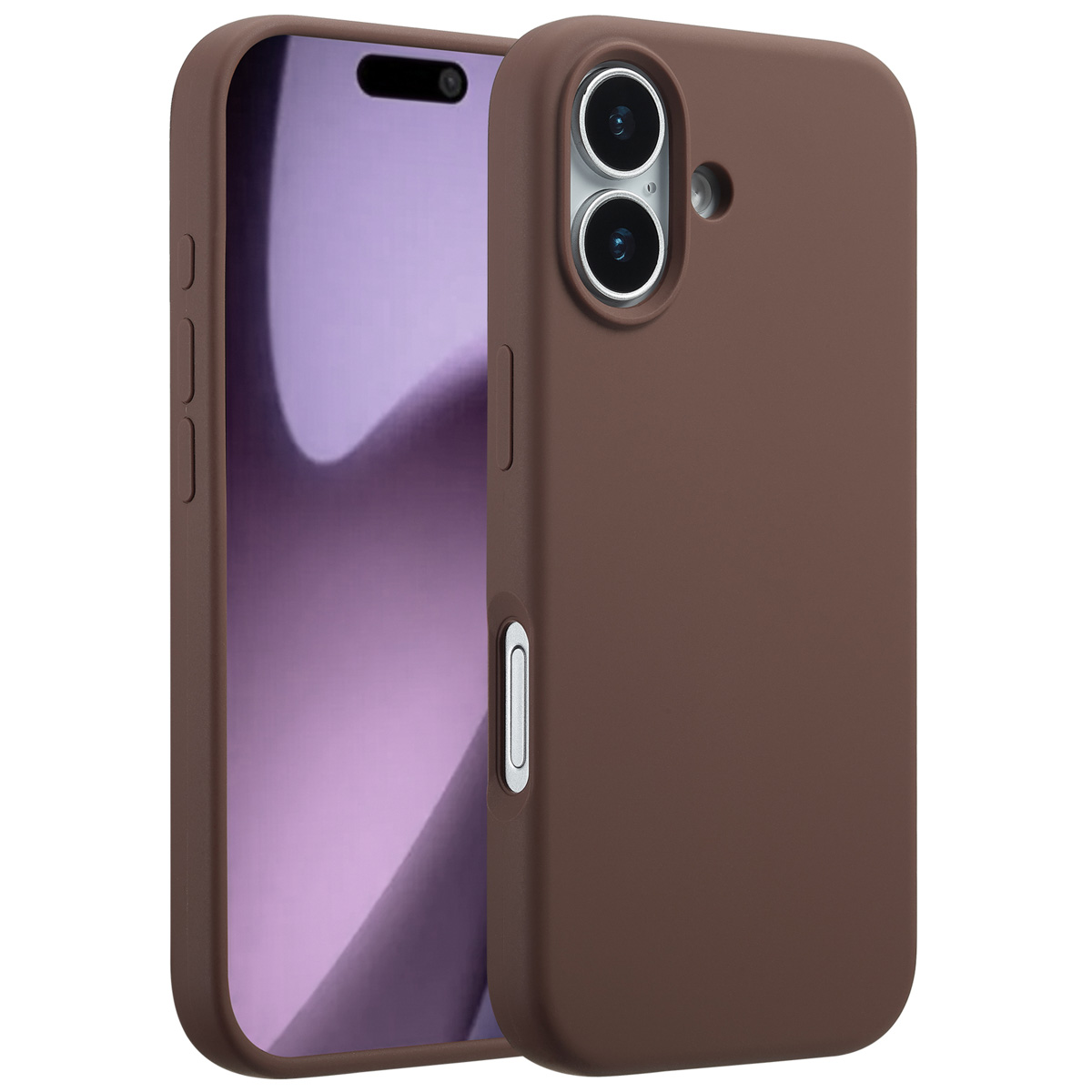 Een bruine telefoonhoes beschermt een smartphone. Het scherm is zichtbaar en de hoes heeft knoppen en camera-openingen.