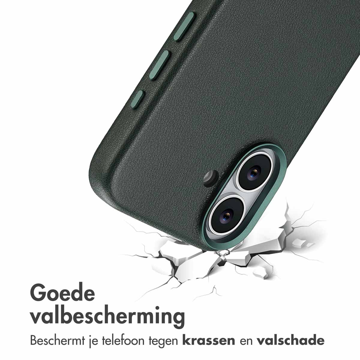 Un étui de téléphone vert est montré, le coin inférieur tombant, avec des fissures comme s'il était tombé. Texte en néerlandais : 'Bonne protection contre les chutes'.
