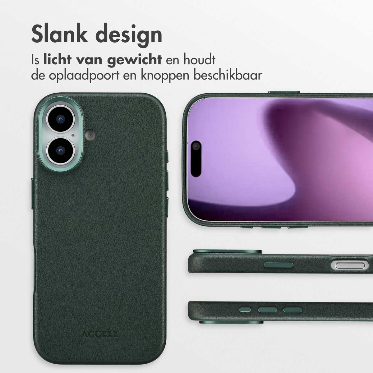 Coque de téléphone verte avec une image de téléphone. Le texte dit, 'Design fin', avec les mots 'poids léger' et 'boutons disponibles'.