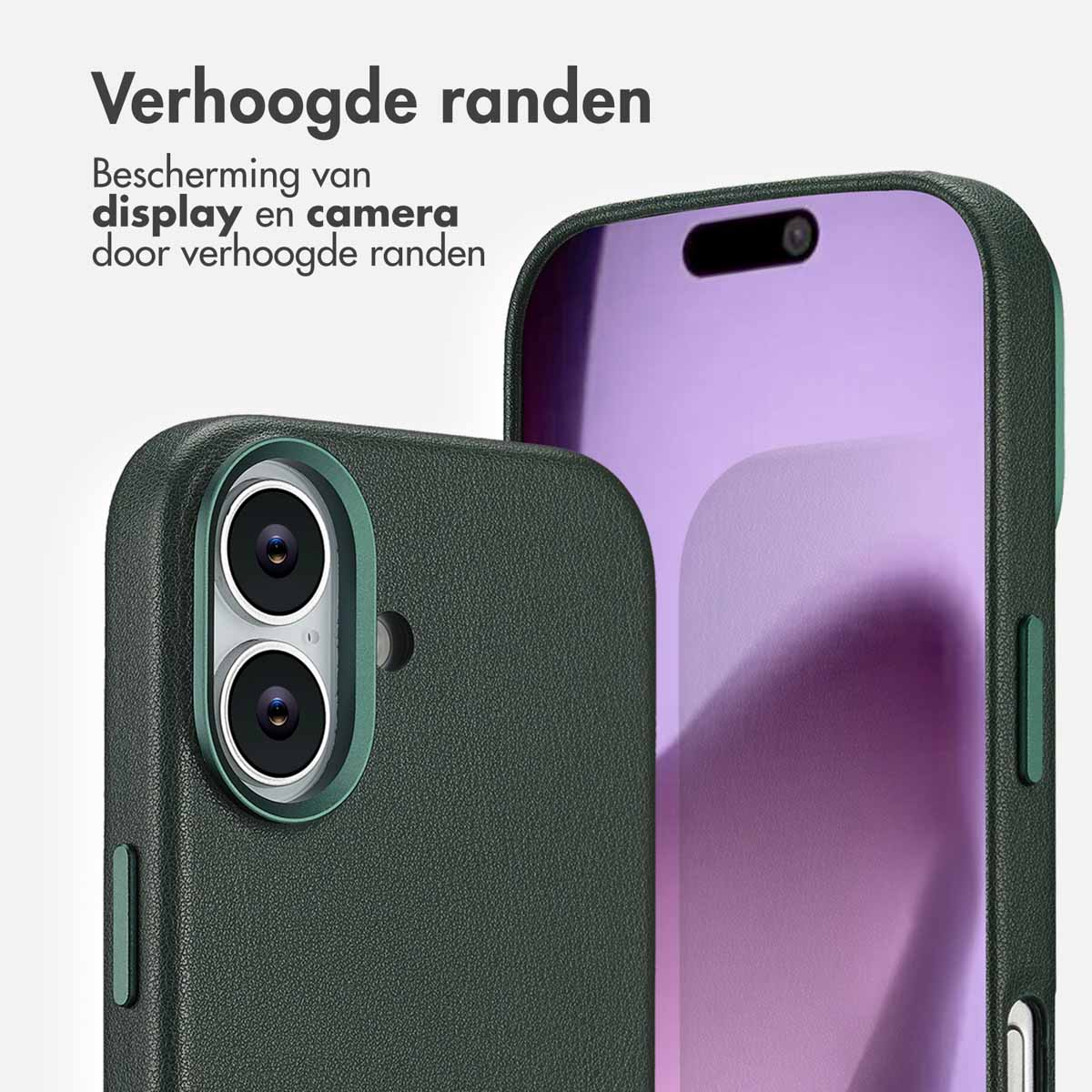 Un étui de téléphone vert foncé protège un écran de téléphone violet. Le texte néerlandais, 'Verhoogde randen', signifie bords surélevés.
