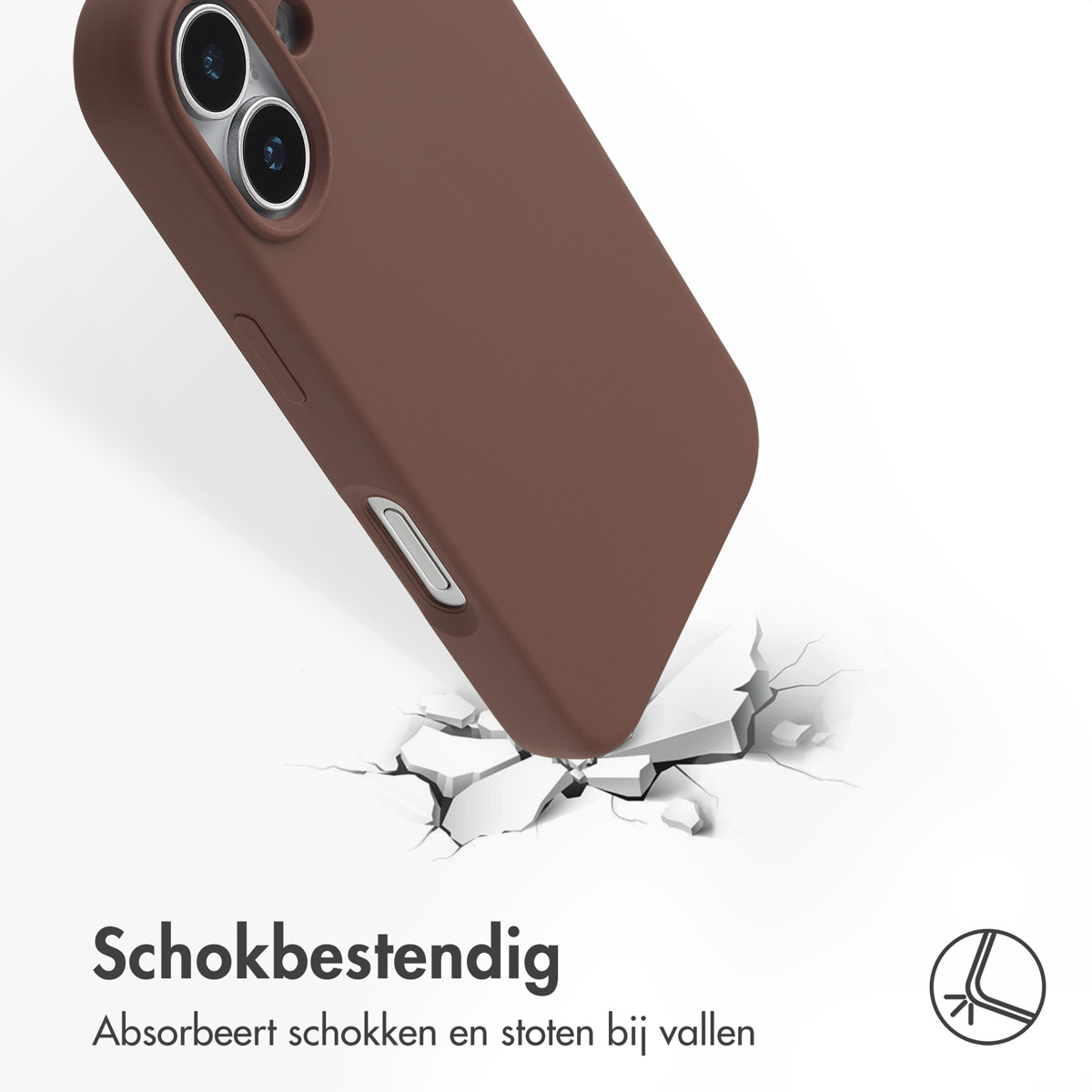 Een bruine telefoonhoes valt en barst de grond eronder. De hoes heeft cameralenzen en een zijknop. De achtergrond is wit.
