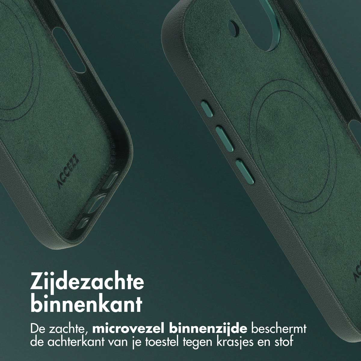 Gros plan sur des étuis de téléphone verts. L'intérieur en microfibre douce protège contre les rayures et la poussière. Logo ACCEZZ visible.