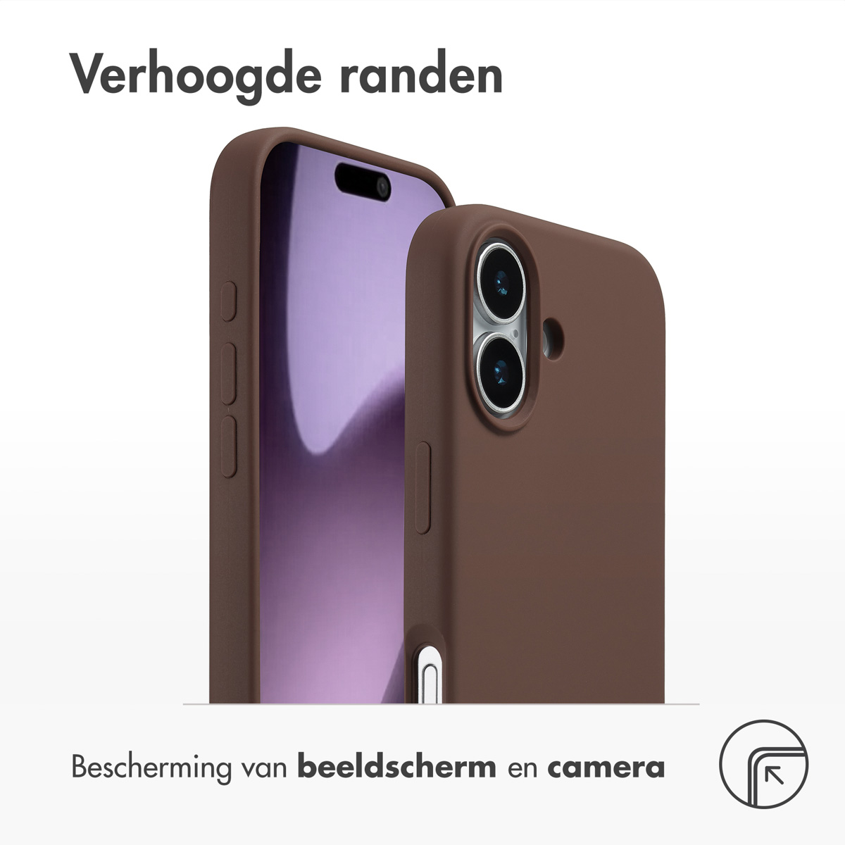 Twee bruine telefoonhoesjes. Eén toont het scherm en de andere de camera. Tekst: Verhoogde randen. Bescherming van scherm en camera.