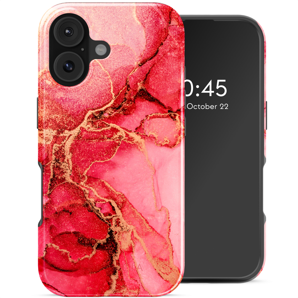 Een telefoon met een rode en gouden marmeren designhoes. Het scherm toont de tijd als 0:45, 22 oktober. De hoes heeft cameralenzen.