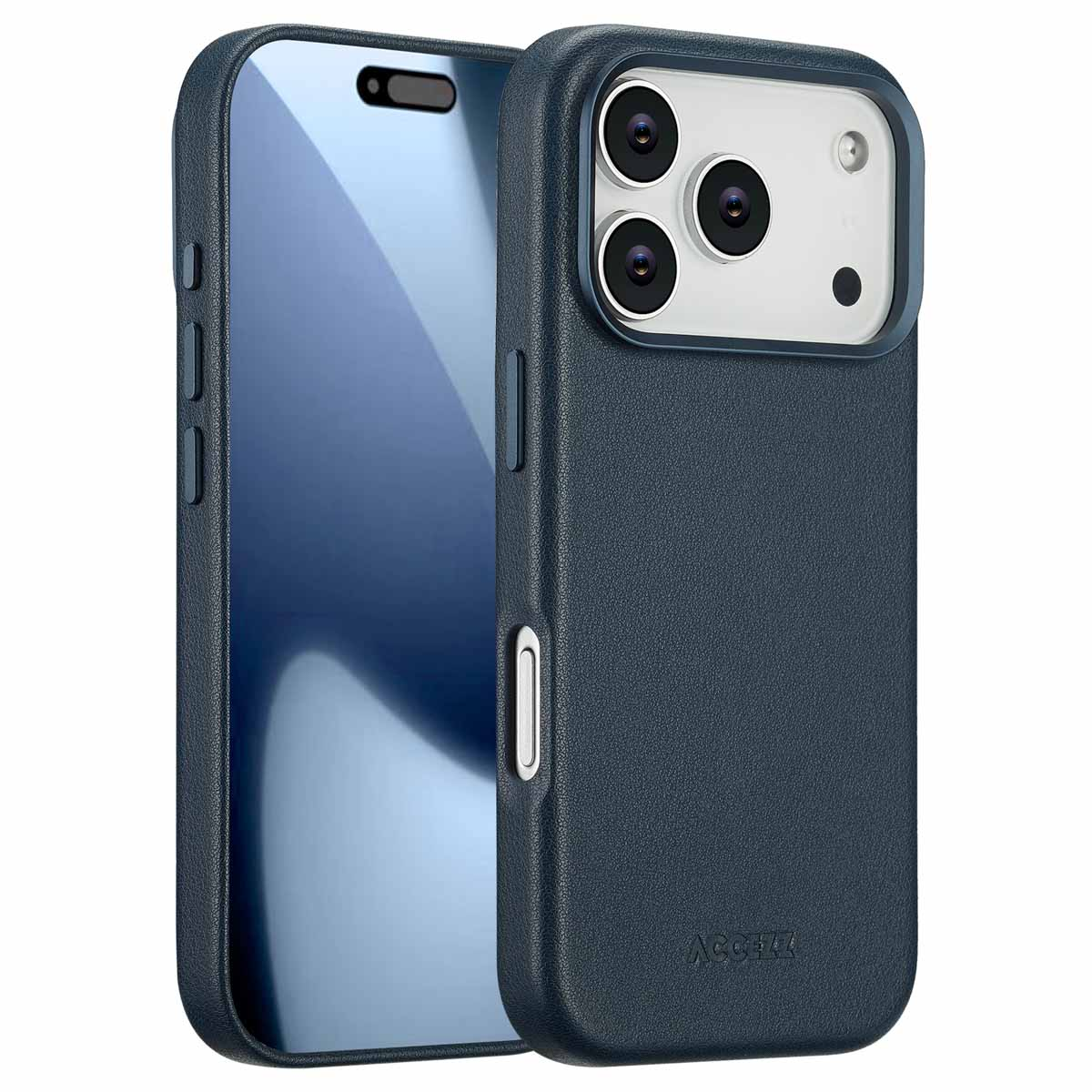 Deux coques de téléphone bleu foncé, une ouverte montrant l'écran du téléphone, l'autre montrant l'arrière avec des lentilles de caméra. 'ACCEZZ' est imprimé.