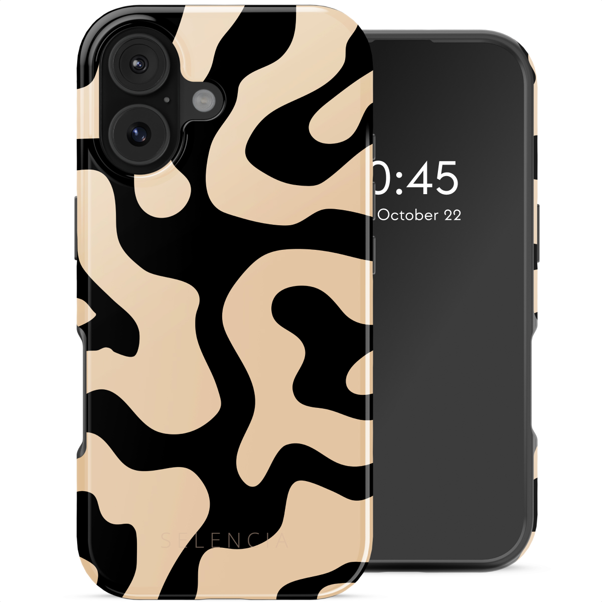 Een telefoon met een beige en zwart wervelpatroon. Het scherm toont de tijd 0:45 en de datum 22 oktober.