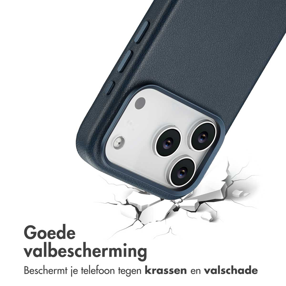 Un téléphone dans un étui bleu tombe, montrant la protection contre les chocs. Le texte dit 'Bonne protection contre les chutes', contre les rayures.