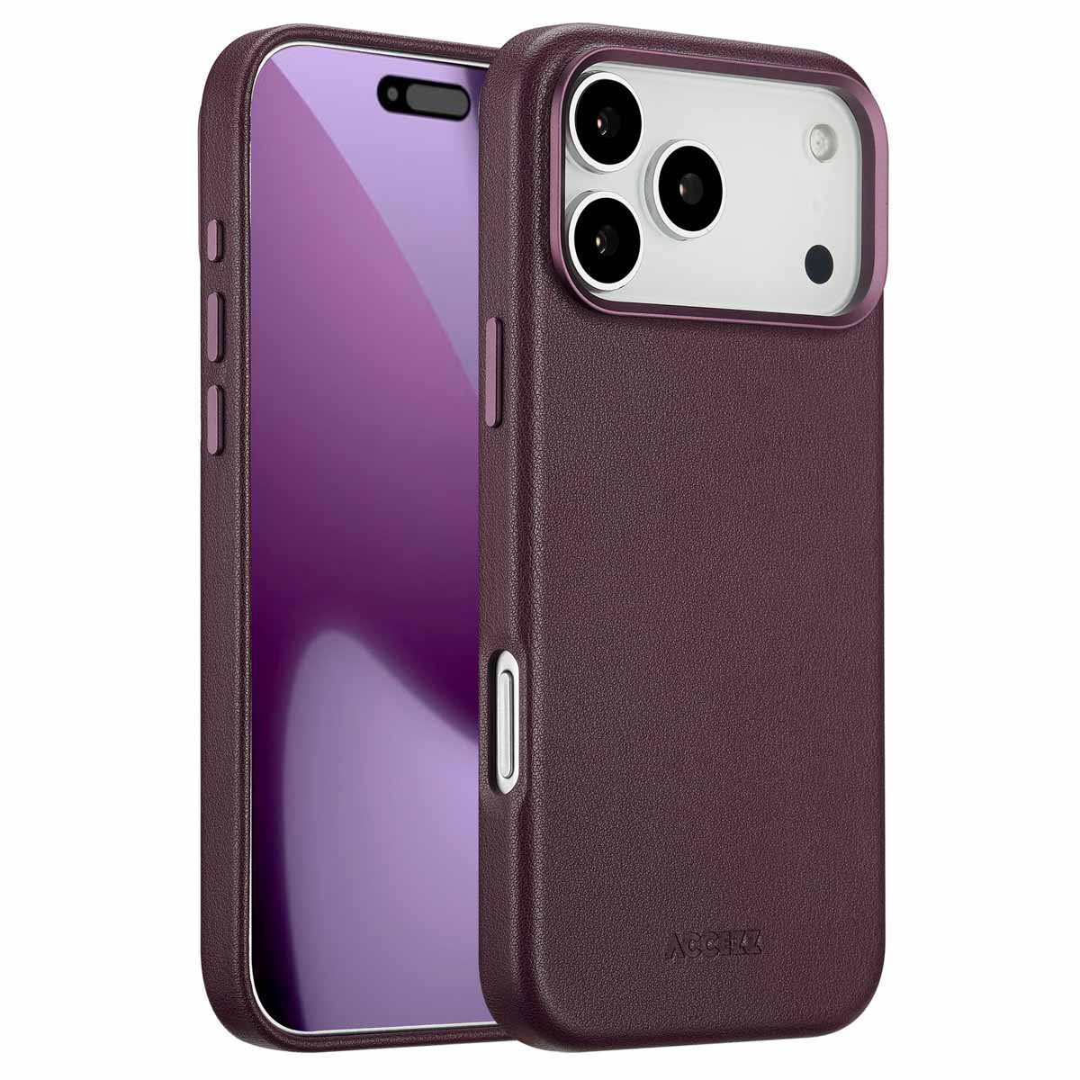 Twee donkerrode telefoonhoesjes. Eén toont het scherm, de andere de camera. De merknaam is onderaan zichtbaar.