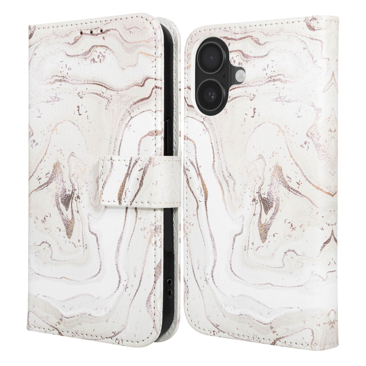 Een witte telefoonhoes met marmerpatroon, open. Het heeft een magnetische sluiting en een zwarte telefoonhouder. De hoes is open.