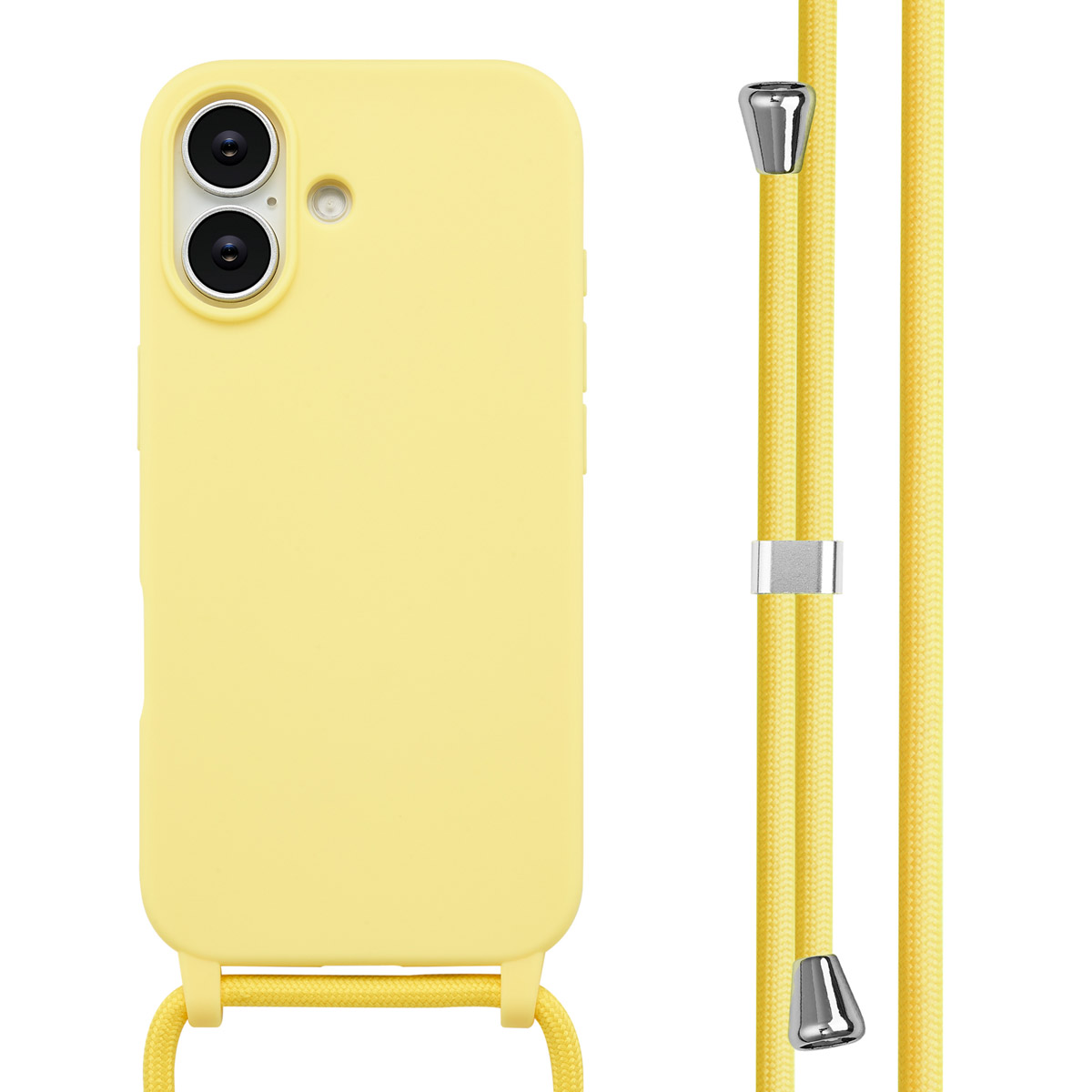 Una custodia per telefono gialla con un cordino abbinato. La custodia ha due obiettivi della fotocamera e un flash. Il cordino ha dettagli in metallo argentato.
