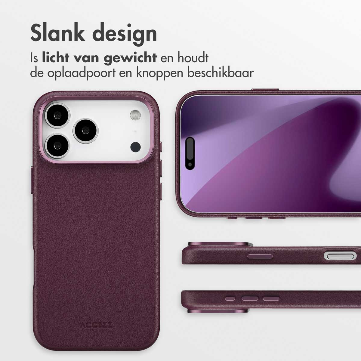 Een bordeauxrode smartphonehoes met een afbeelding van het telefoonscherm en close-ups van de knoppen en de rand van de hoes.