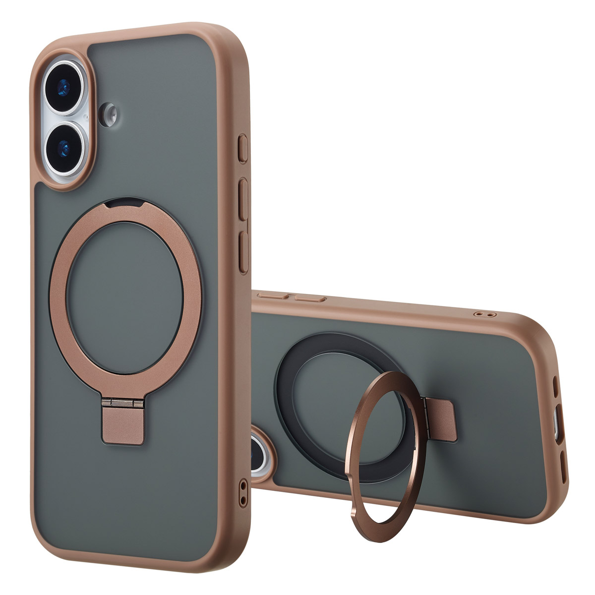 Twee telefoonhoesjes. Eén rechtop, de ander ligt. Beide zijn grijs met een bronzen ring en rand. De rechtopstaande hoes heeft de camera zichtbaar.