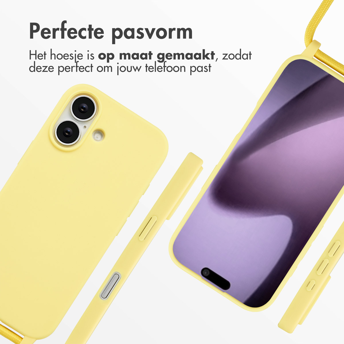 Custodia gialla per telefono con telefono, cinturino giallo e testo olandese 'Vestibilità perfetta'.