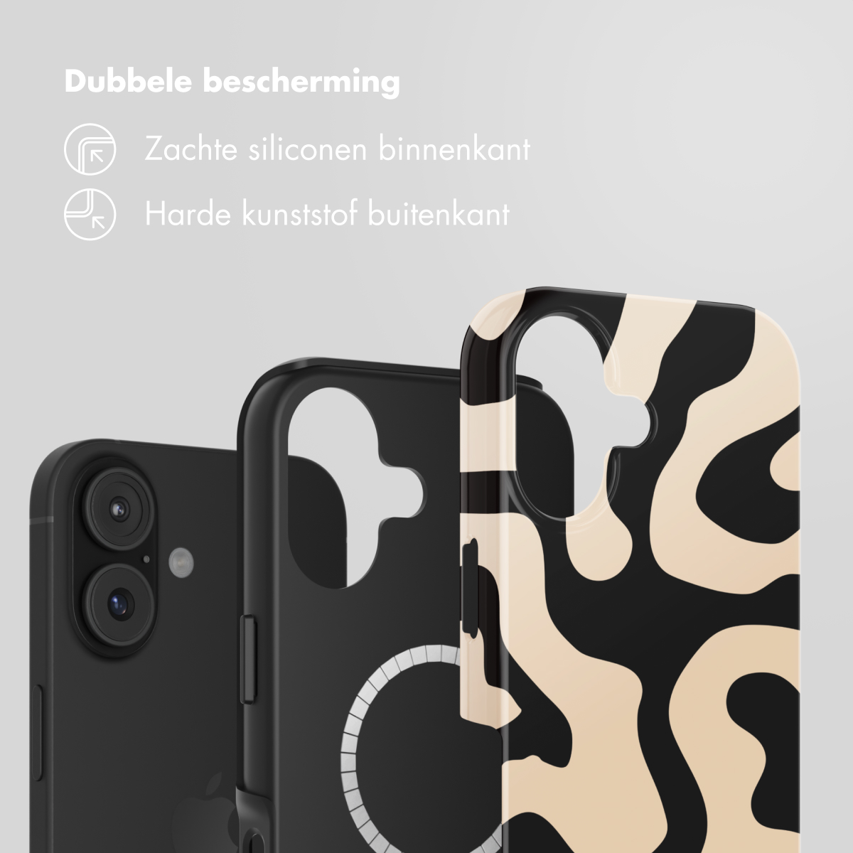 Er worden drie telefoonhoesjes getoond, één links en twee rechts. Het hoesje rechts heeft een zwart-beige patroon.