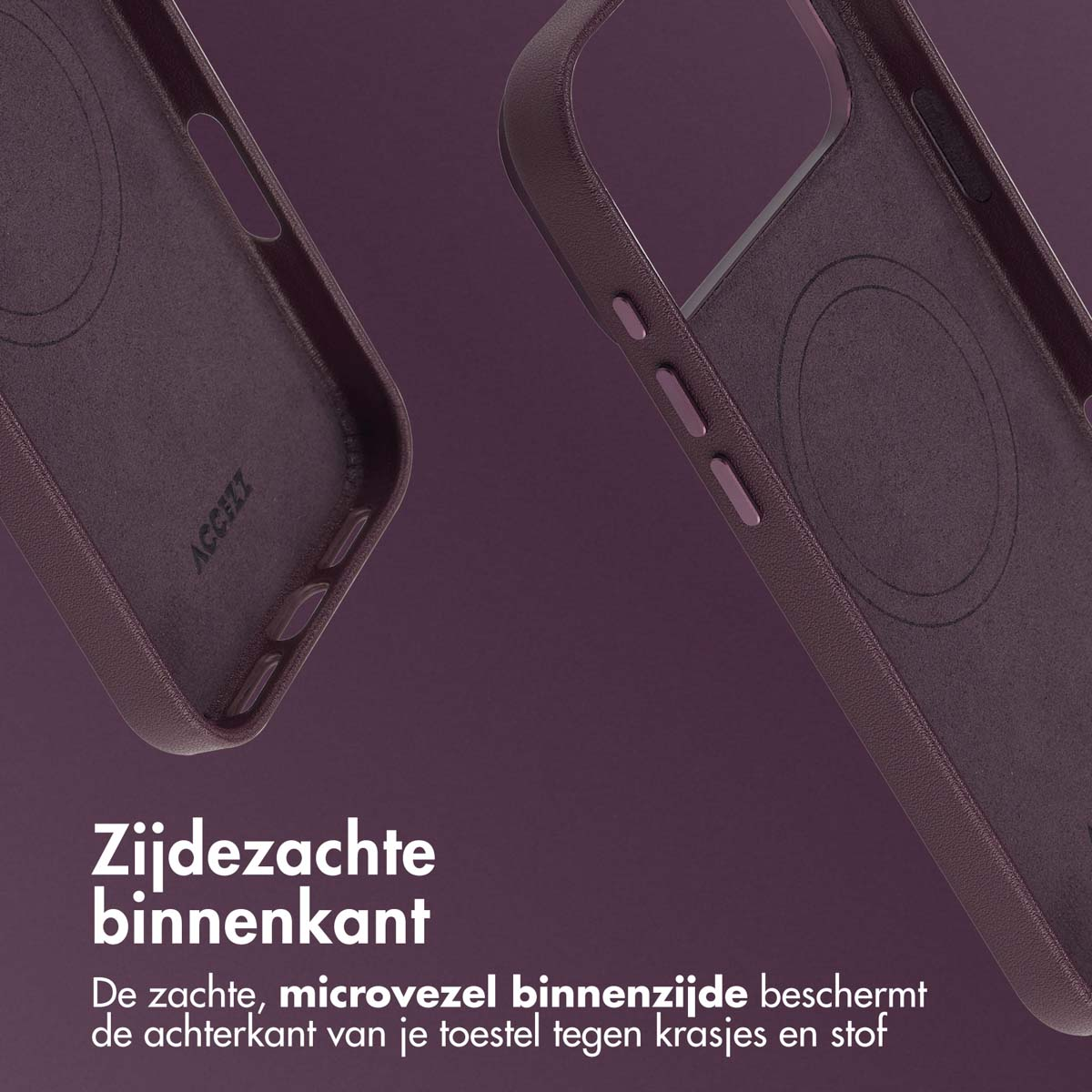 Close-up van een paarse telefoonhoes binnenkant. De hoes is gemaakt van zacht, microvezel materiaal. Nederlandse tekst.
