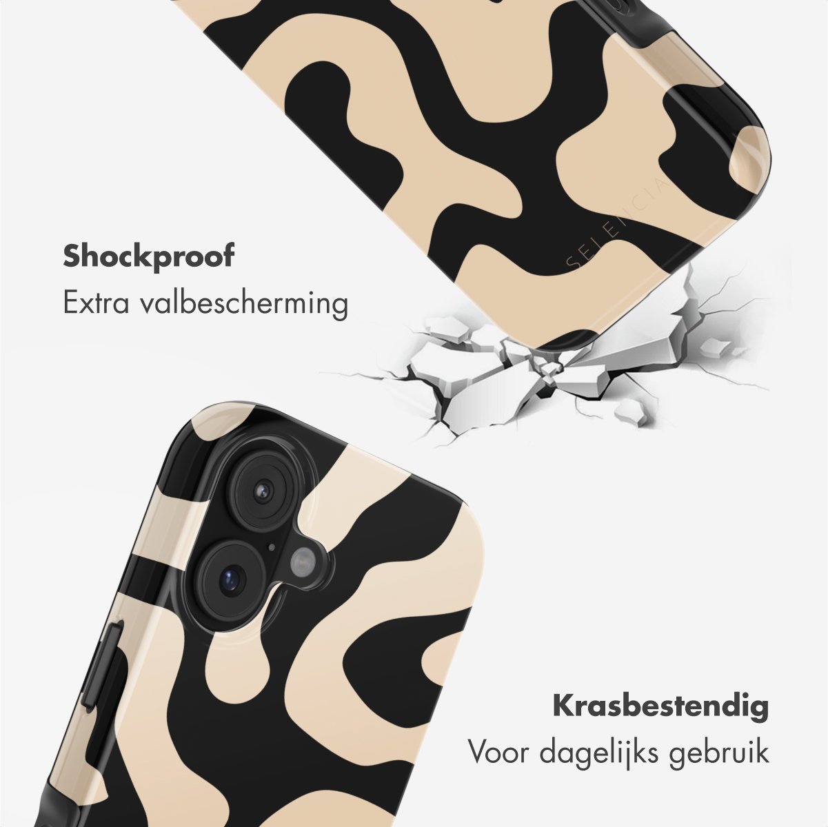 Twee telefoonhoesjes met zwarte en beige abstracte patronen. Eén breekt een oppervlak, tekst luidt 'schokbestendig' en 'krasbestendig'.
