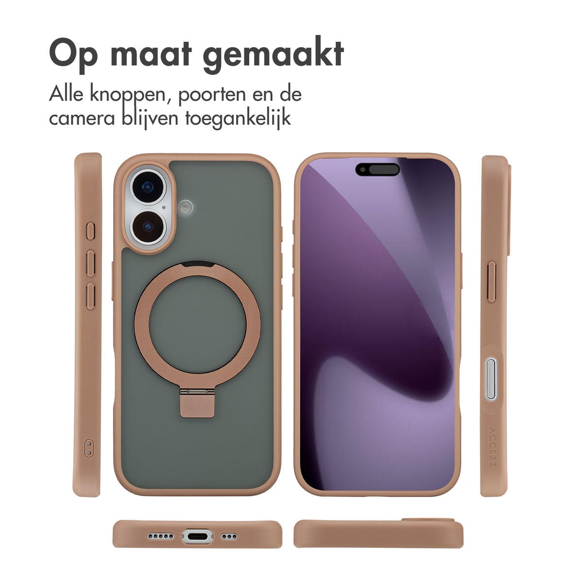Afbeelding toont telefoonhoesjes met verschillende aanzichten. De hoesjes zijn bruin en groen. Bovenstaande tekst zegt 'Op maat gemaakt'.