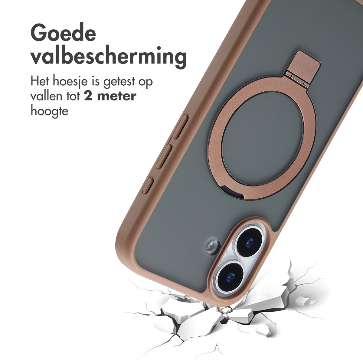 Een telefoonhoesje met een ringhouder. De telefoonhoes is bruin en grijs. De hoes lijkt op de grond te liggen en deze te breken.