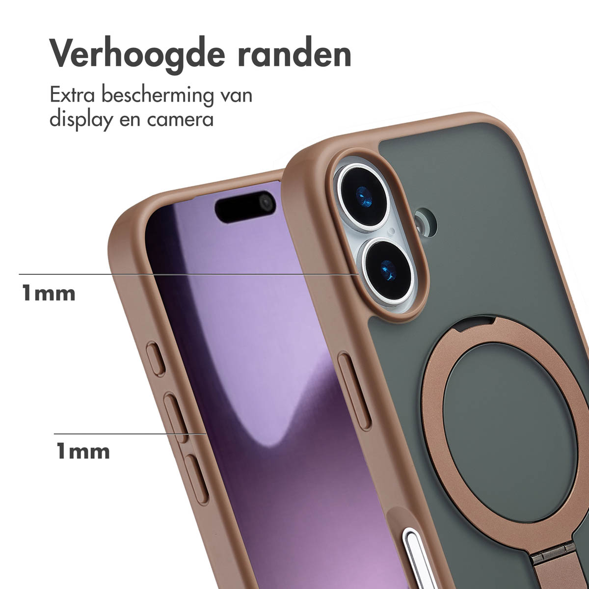 Close-up van een telefoonhoesje. De hoes is bruin en groen, met een verhoogde rand. Tekst zegt 'Extra bescherming voor display en camera'.