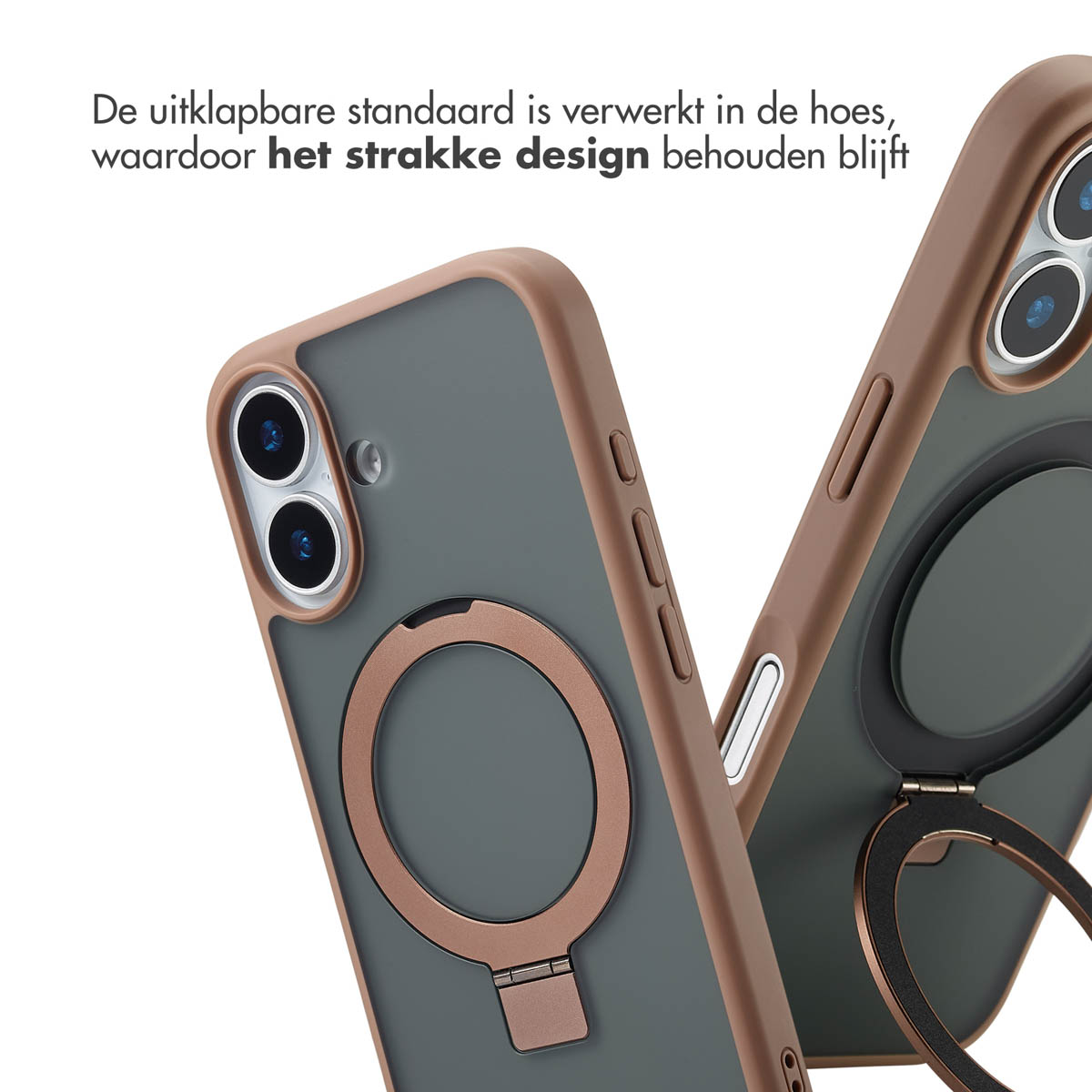 Twee telefoonhoesjes met een ringhouder. Eén is open en toont de achterkant. Beide hebben donkergrijze achterkanten en bruine frames.