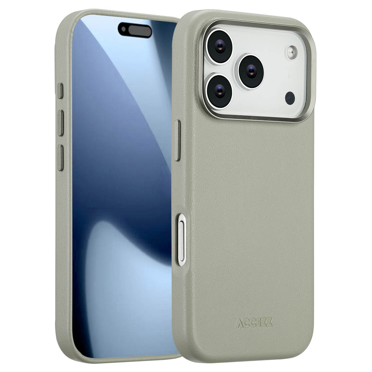 Deux coques de téléphone vert clair. L'une montre l'écran du téléphone. L'autre a la caméra et le logo. Les coques sont l'une à côté de l'autre.