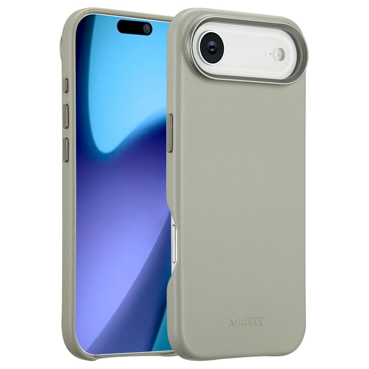 Een smartphone in een grijze hoes. De hoes heeft een uitsparing voor de camera en knoppen. Het scherm is blauw.
