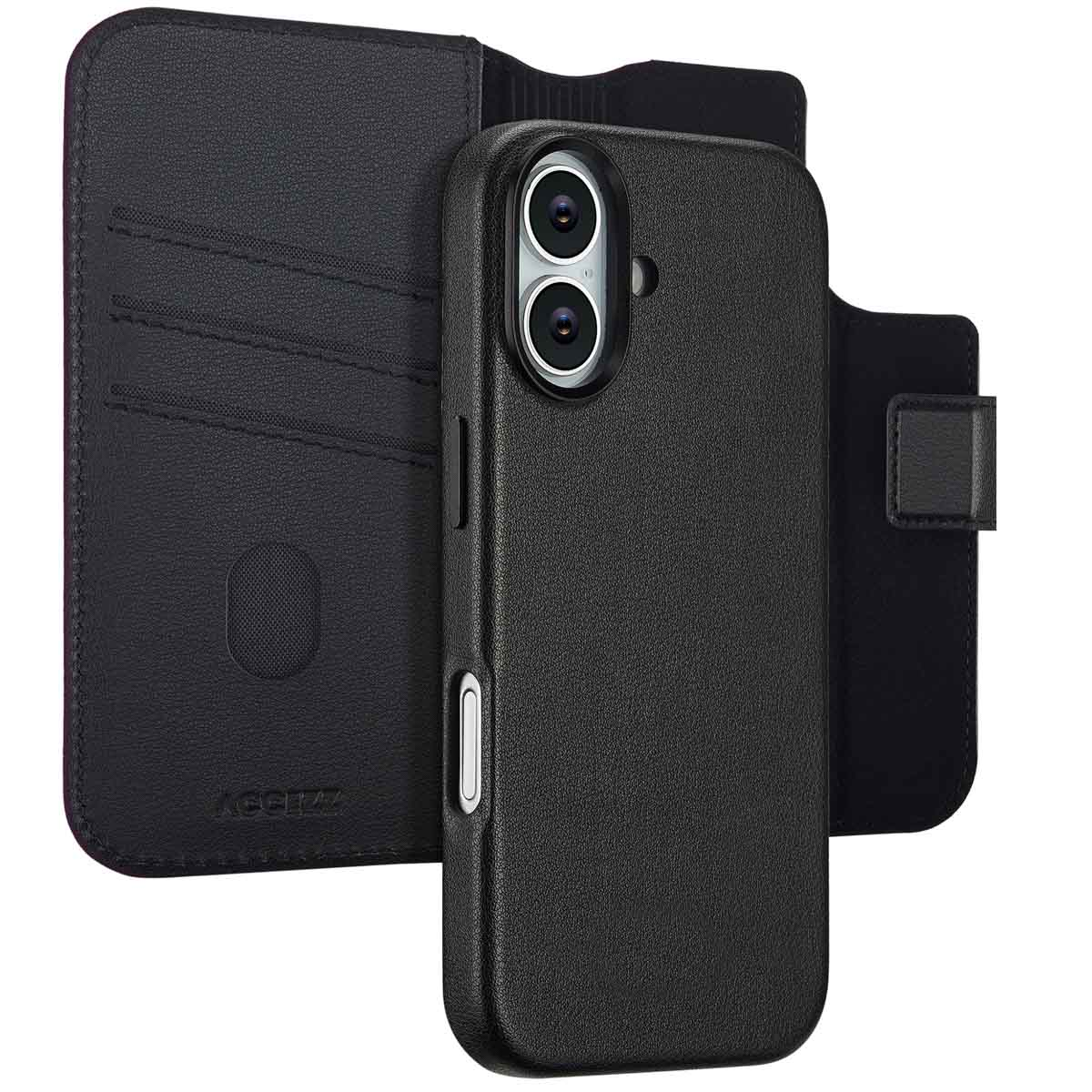 Een zwarte leren telefoonhoes met portemonnee-functie, open. De telefoon heeft twee camera's. De hoes heeft een magnetische sluiting.
