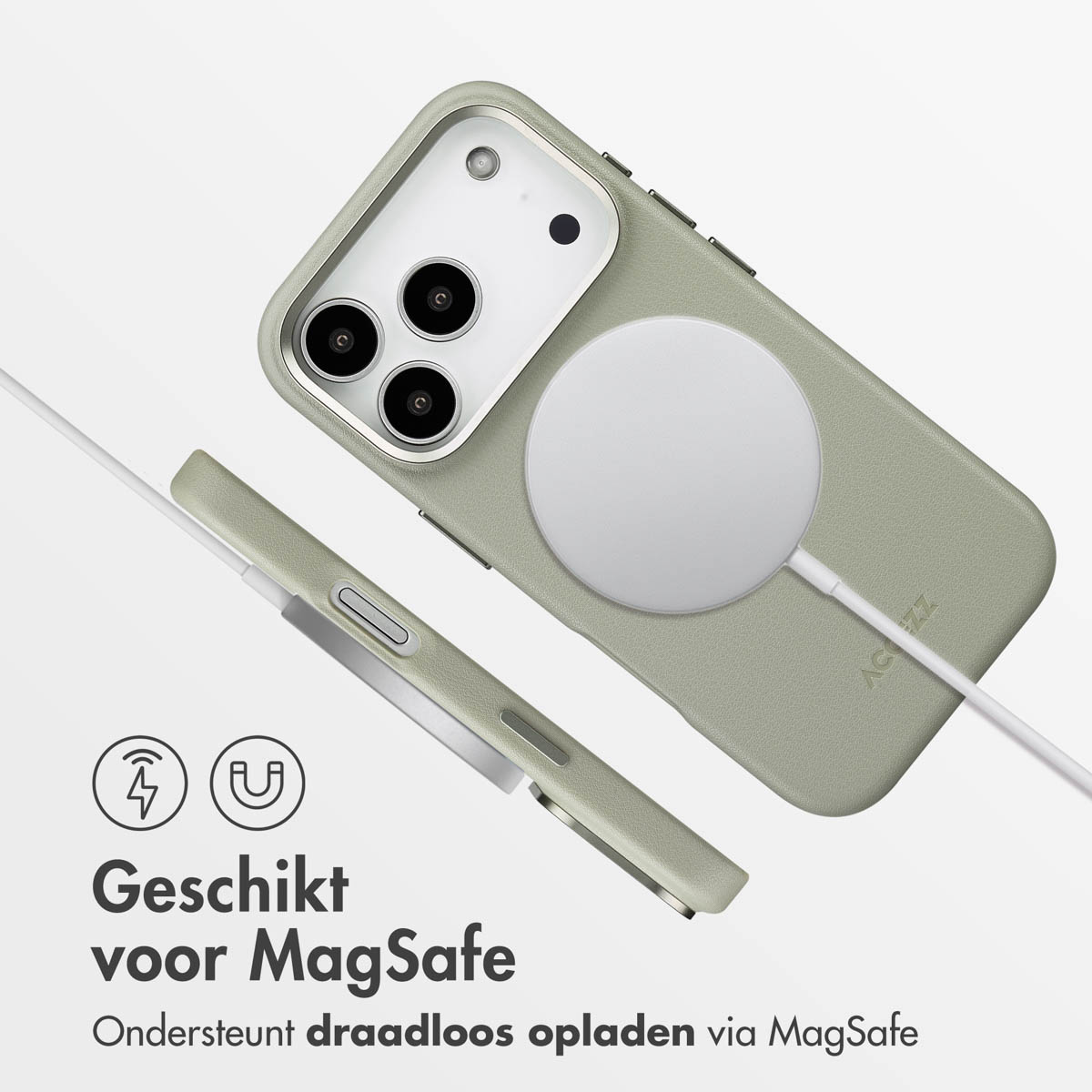Un iPhone dans un étui vert avec un chargeur MagSafe blanc. Le texte en dessous indique 'Convient pour MagSafe'.