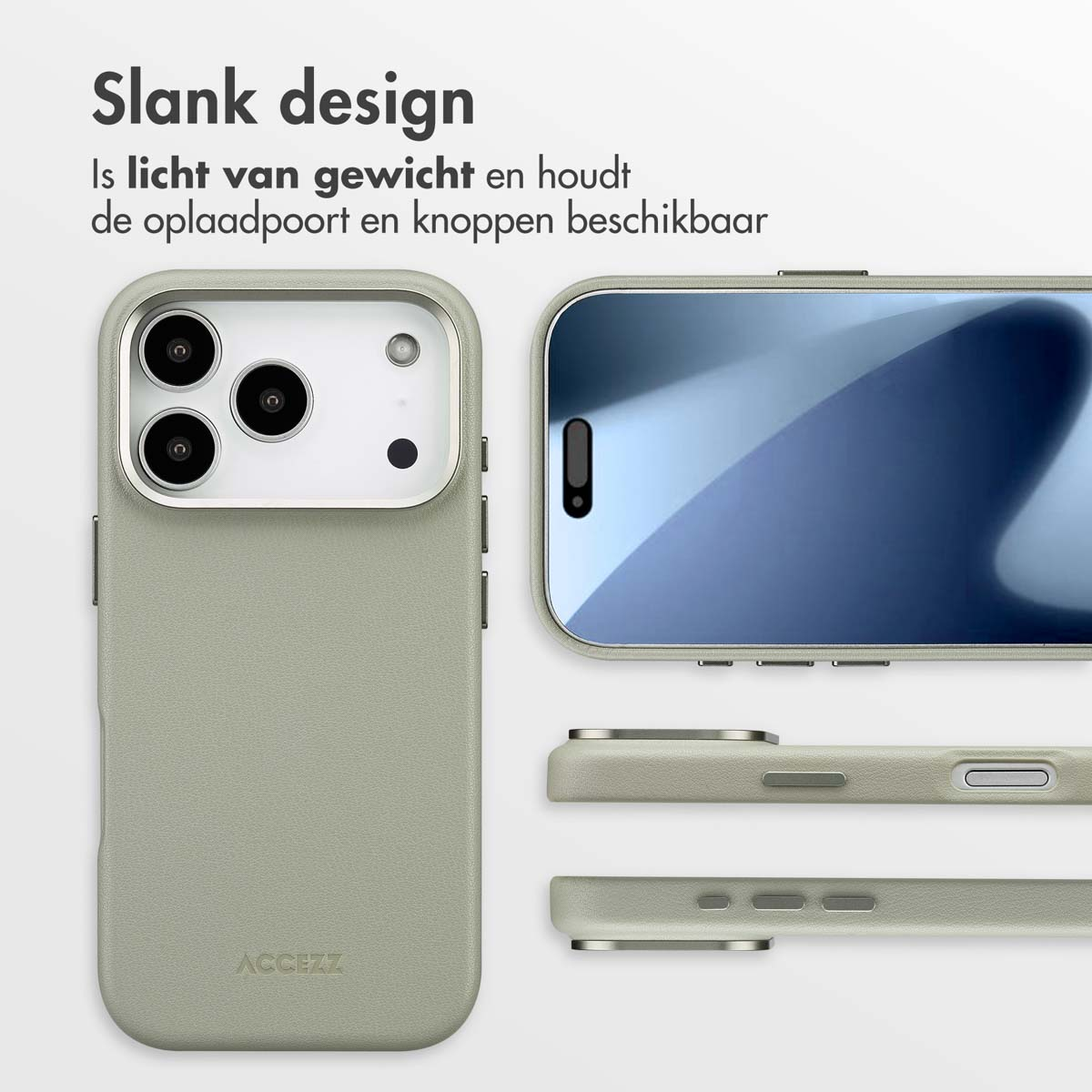 Un étui de téléphone vert clair avec un écran de téléphone. L'étui a une découpe pour l'appareil photo et des boutons de volume. La marque ACCEZZ est visible.