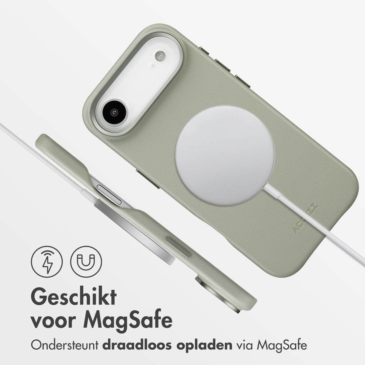 Een telefoonhoesje en een oplader. De telefoonhoes is groen en de oplader is wit. Tekst zegt 'Geschikt voor MagSafe'.