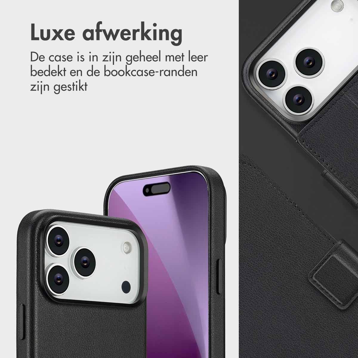 Twee zwarte telefoonhoesjes met leertextuur. Eén is open, toont cameralenzen. Tekst in het Nederlands.