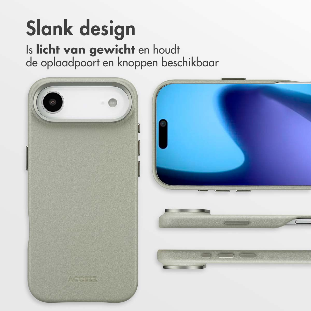 Een lichtgroene telefoonhoes met een telefoon erin. Tekstoverlay zegt 'Slank design'. Telefoon en hoes naast elkaar, close-up.