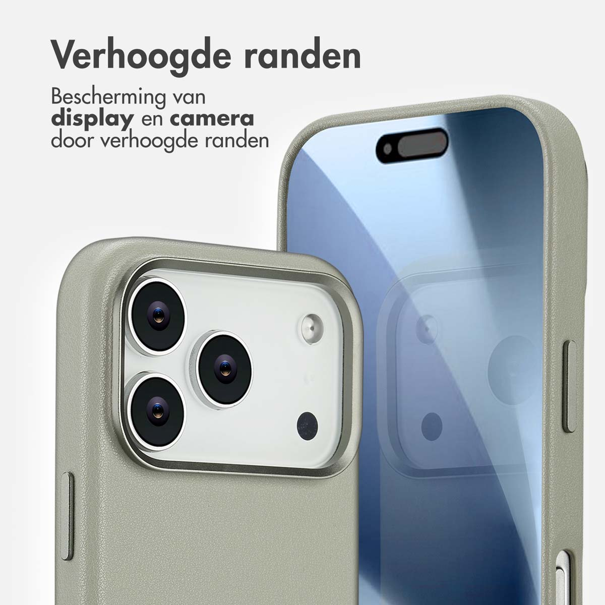 Une coque de téléphone avec des bords surélevés protégeant l'écran et l'appareil photo. La coque est gris clair, avec une vue claire de l'arrière du téléphone.