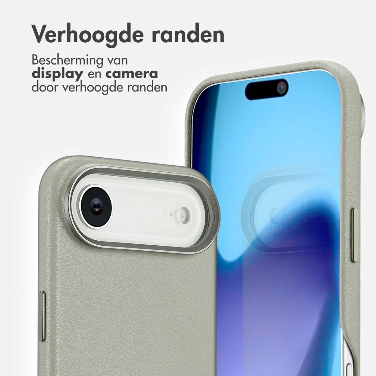 Twee grijze telefoonhoesjes. Eén hoesje toont een cameralens. Het andere hoesje toont het telefoonscherm. Tekst zegt 'Verhoogde randen'.