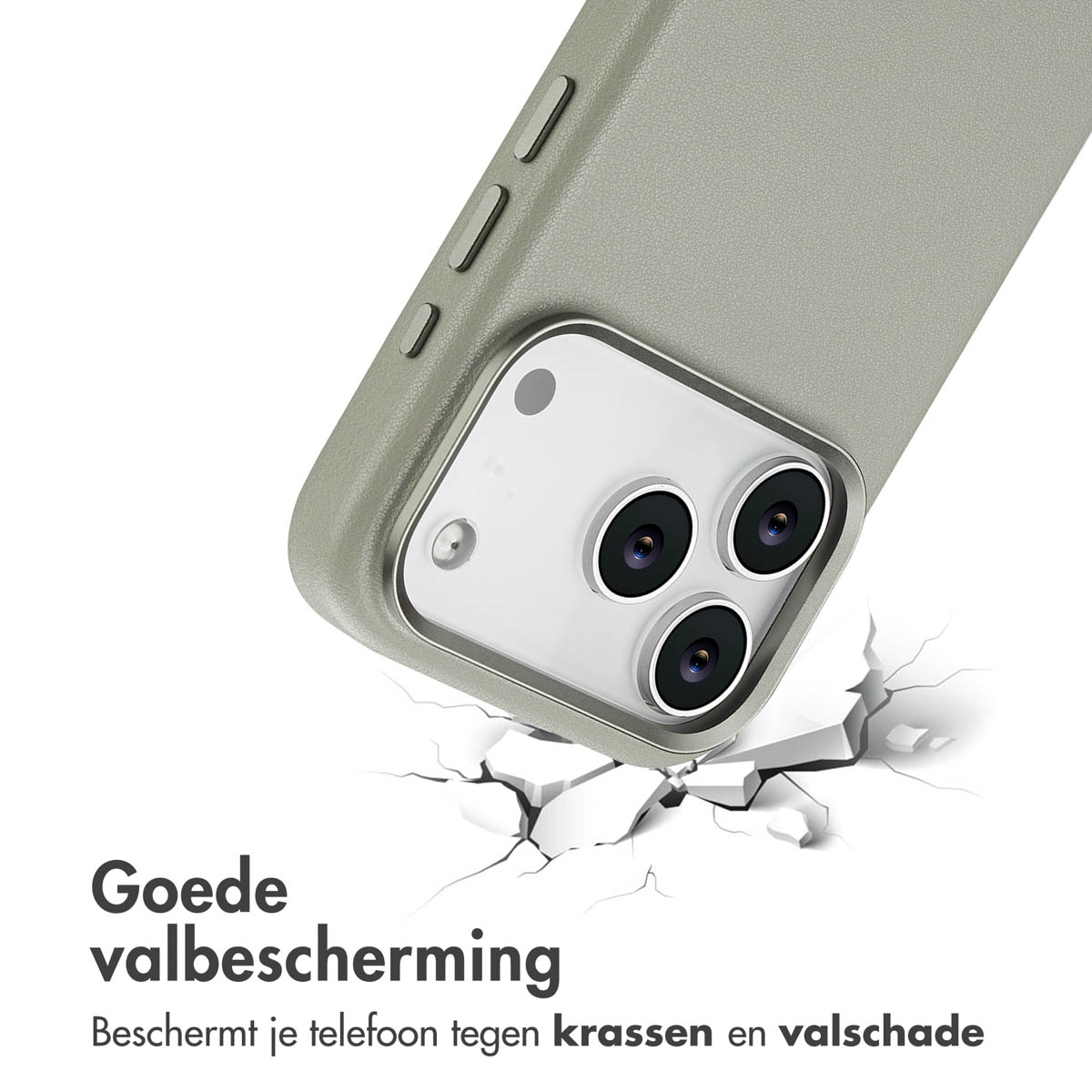 Un téléphone avec une coque protectrice tombe, fissurant la surface. Le texte dit 'Bonne protection contre les chutes' et 'Protège votre téléphone des rayures'.