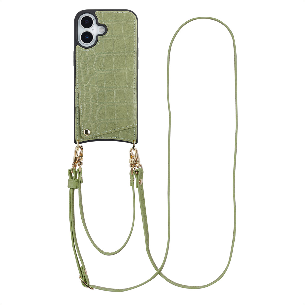 Een groene telefoonhoes met een riem. De hoes heeft een krokodillen-achtige textuur en goudkleurige sluitingen.