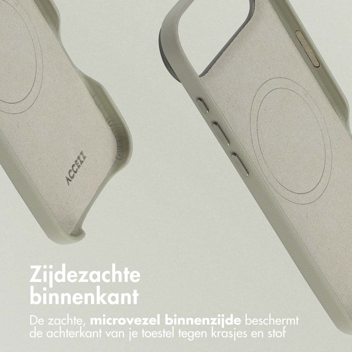 Twee telefoonhoesjes, één gedeeltelijk zichtbaar. De hoesjes zijn lichtgrijs met een zachte binnenvoering. Het woord ACCEZZ is zichtbaar.