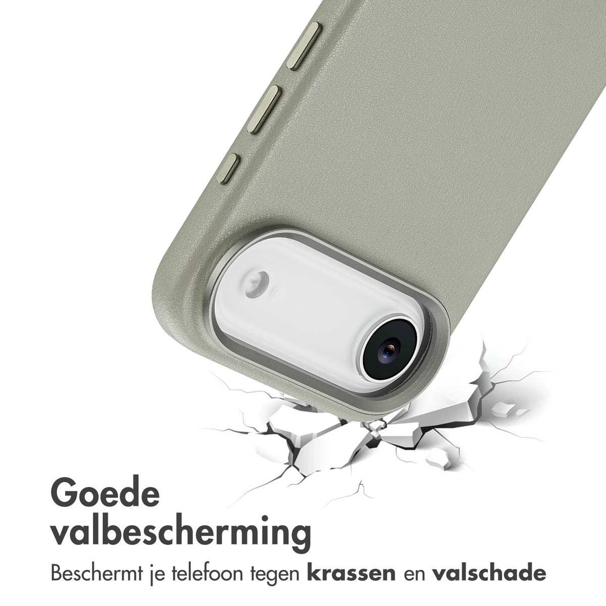 Een telefoon in een grijze hoes lijkt te vallen, met impactscheuren eronder. Tekst: Goede valbescherming.